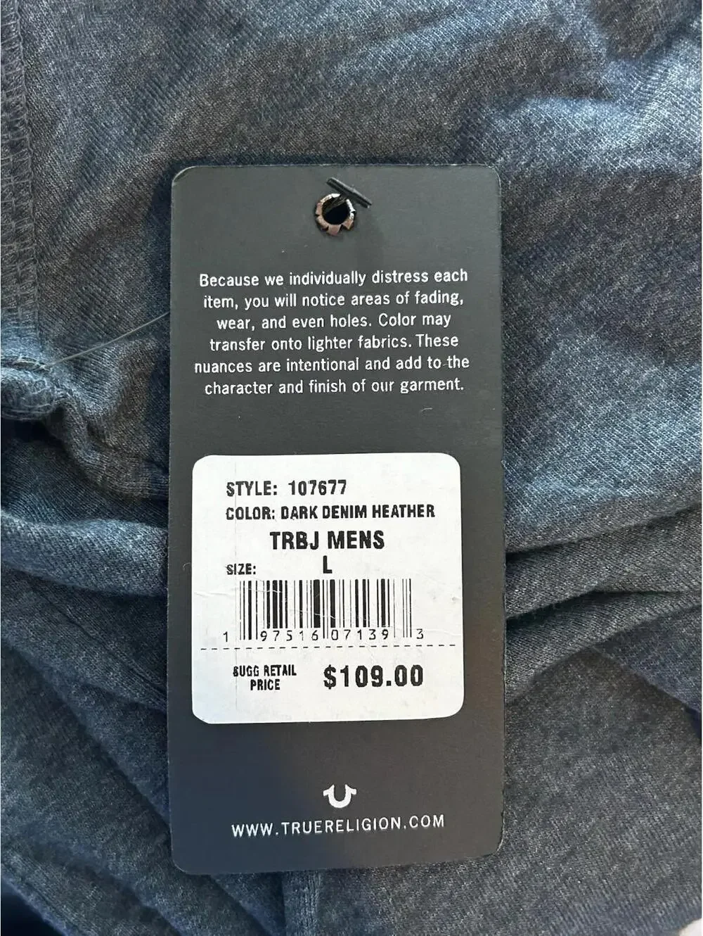 True Religion Mens Hooded Henley Long Sleeve Tee Dark Denim Heather L $109